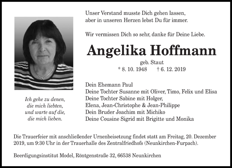  Traueranzeige für Angelika Hoffmann vom 14.12.2019 aus saarbruecker_zeitung