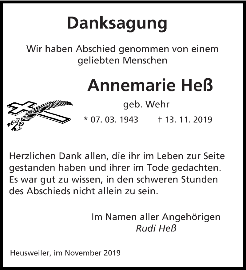 Traueranzeige für Annemarie Heß vom 30.11.2019 aus saarbruecker_zeitung