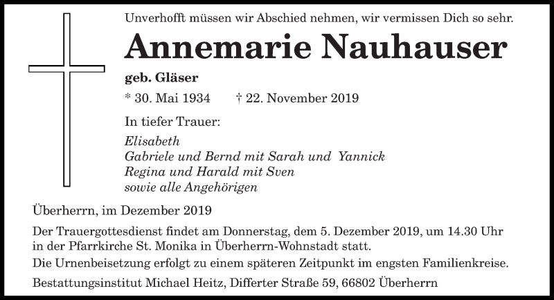  Traueranzeige für Annemarie Nauhauser vom 02.12.2019 aus saarbruecker_zeitung