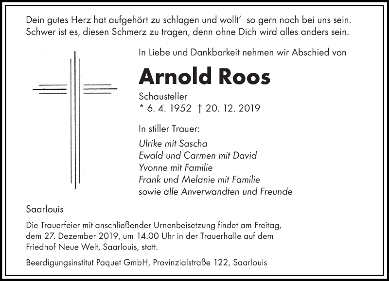  Traueranzeige für Arnold Roos vom 23.12.2019 aus saarbruecker_zeitung