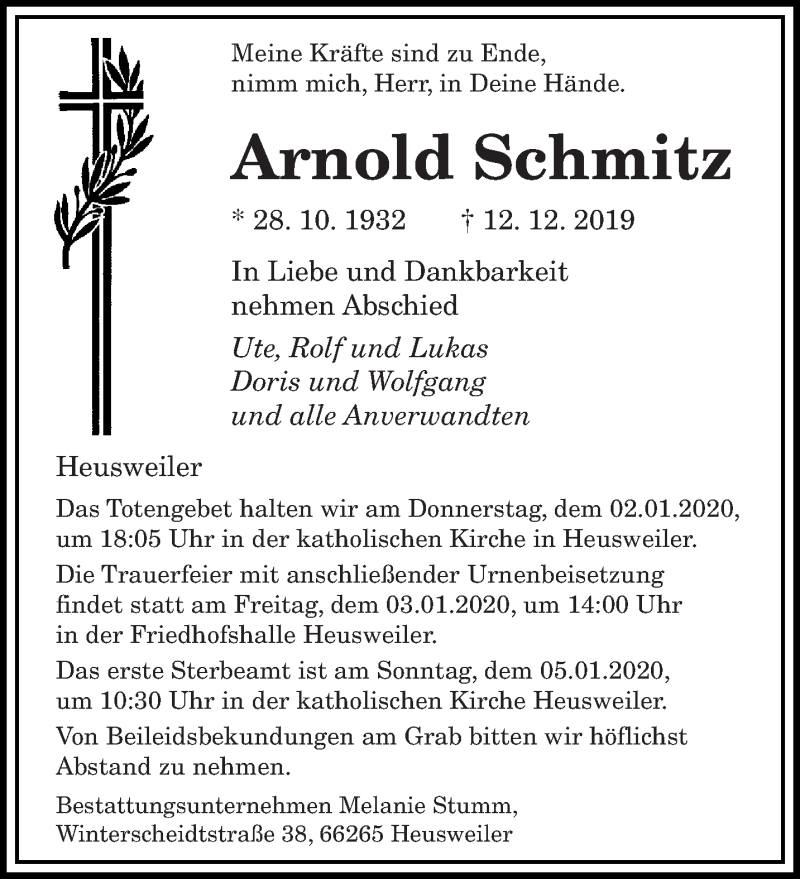  Traueranzeige für Arnold Schmitz vom 28.12.2019 aus saarbruecker_zeitung