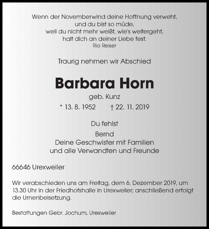  Traueranzeige für Barbara Horn vom 04.12.2019 aus saarbruecker_zeitung
