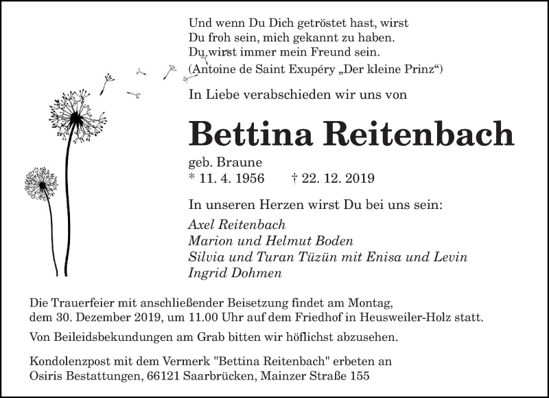  Traueranzeige für Bettina Reitenbach vom 27.12.2019 aus saarbruecker_zeitung