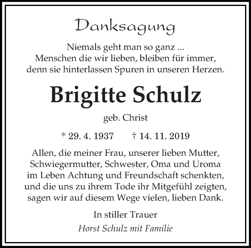  Traueranzeige für Brigitte Schulz vom 04.12.2019 aus saarbruecker_zeitung