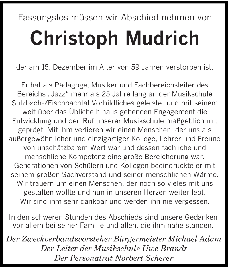  Traueranzeige für Christoph Mudrich vom 21.12.2019 aus saarbruecker_zeitung