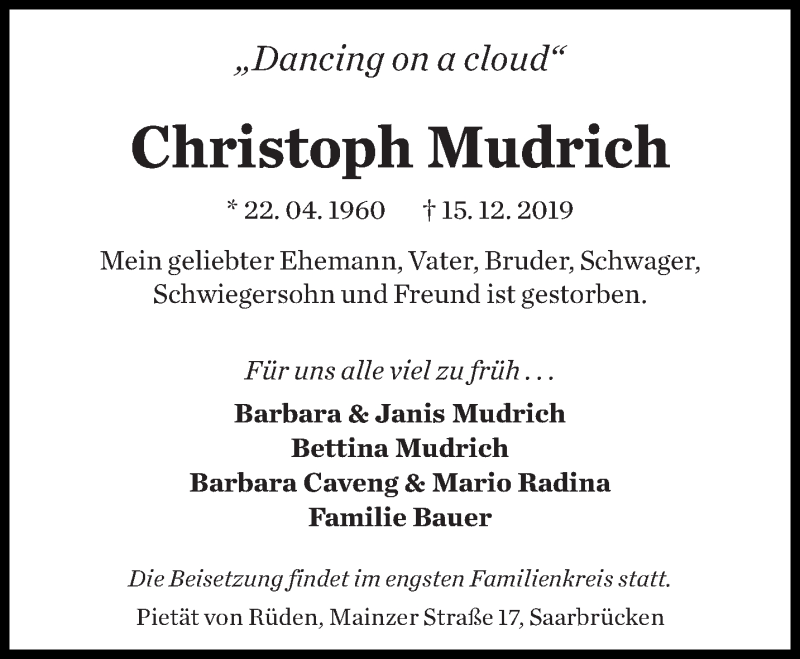  Traueranzeige für Christoph Mudrich vom 21.12.2019 aus saarbruecker_zeitung