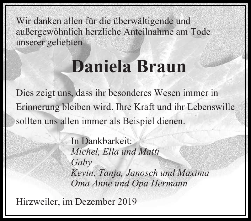  Traueranzeige für Daniela Braun vom 21.12.2019 aus saarbruecker_zeitung
