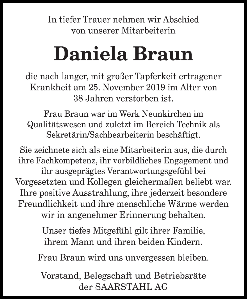  Traueranzeige für Daniela Braun vom 03.12.2019 aus saarbruecker_zeitung