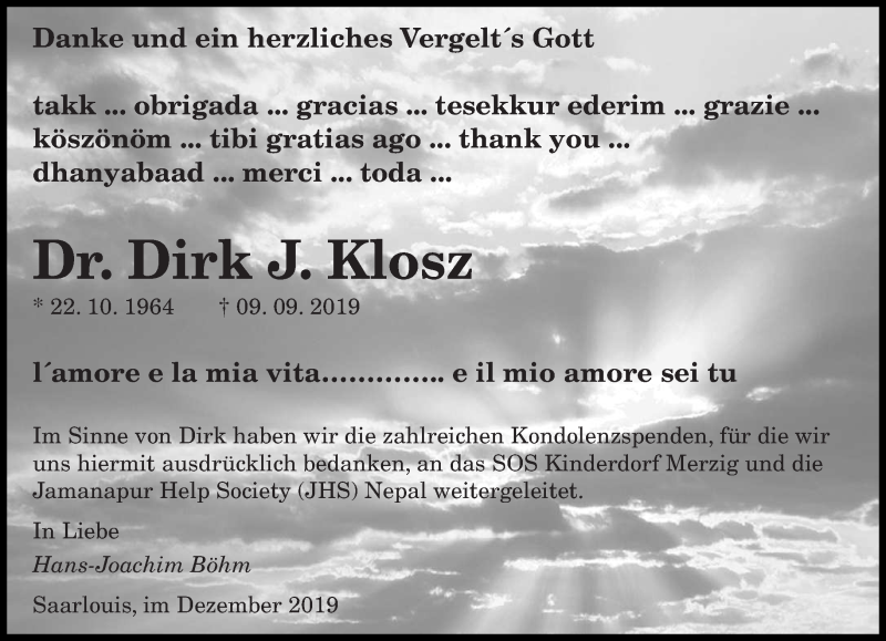 Traueranzeige für Dirk J. Klosz vom 14.12.2019 aus saarbruecker_zeitung
