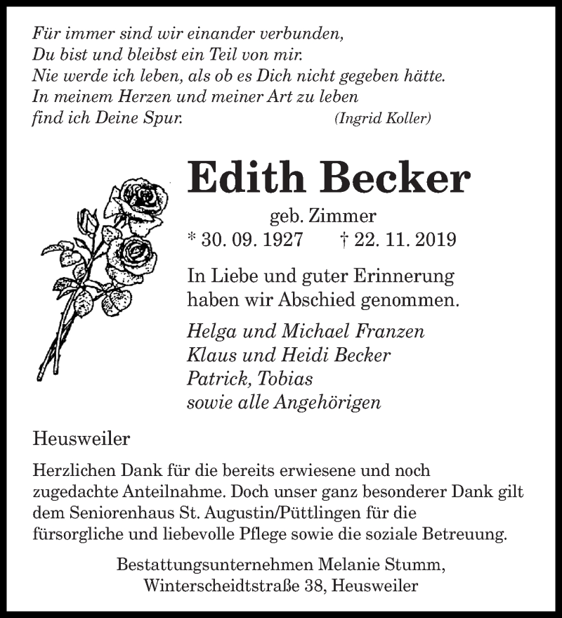  Traueranzeige für Edith Becker vom 14.12.2019 aus saarbruecker_zeitung