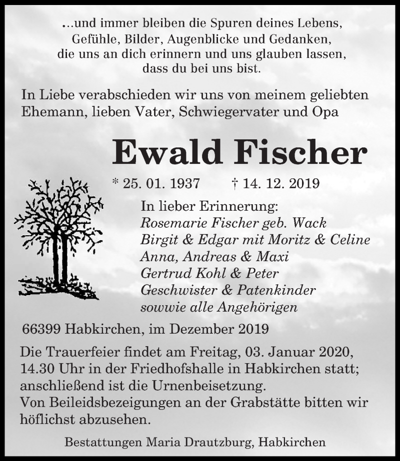  Traueranzeige für Ewald Fischer vom 18.12.2019 aus saarbruecker_zeitung