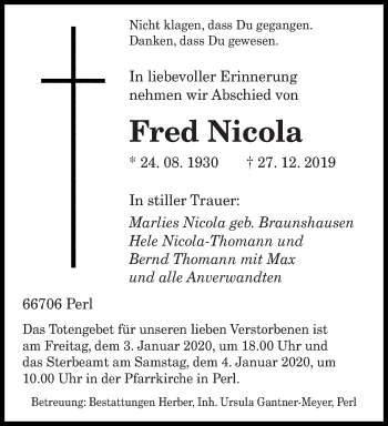 Traueranzeige von Fred Nicola von saarbruecker_zeitung