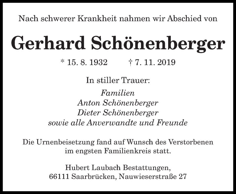  Traueranzeige für Gerhard Schönenberger vom 30.11.2019 aus saarbruecker_zeitung