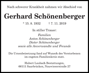 Traueranzeige von Gerhard Schönenberger von saarbruecker_zeitung