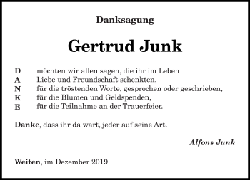 Traueranzeige von Gertrud Junk von saarbruecker_zeitung