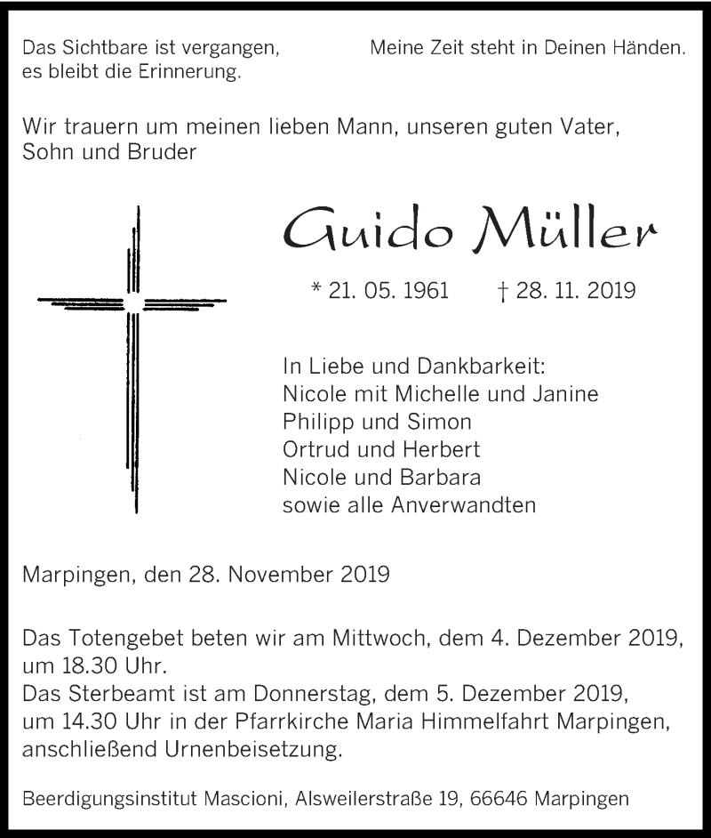  Traueranzeige für Guido Müller vom 02.12.2019 aus saarbruecker_zeitung
