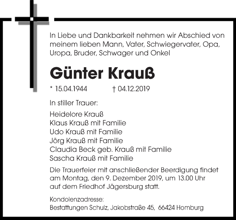  Traueranzeige für Günter Krauß vom 07.12.2019 aus saarbruecker_zeitung