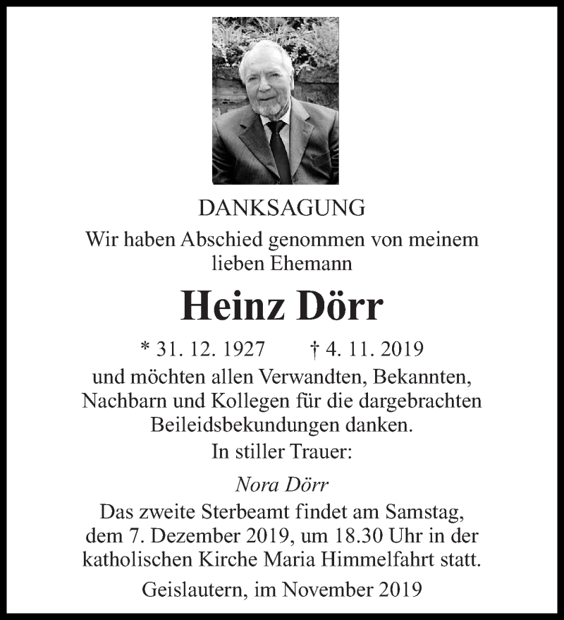  Traueranzeige für Heinz Dörr vom 30.11.2019 aus saarbruecker_zeitung