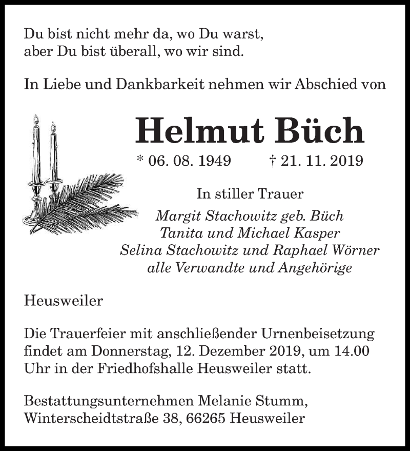  Traueranzeige für Helmut Büch vom 07.12.2019 aus saarbruecker_zeitung
