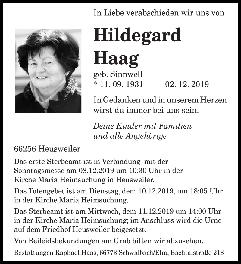  Traueranzeige für Hildegard Haag vom 07.12.2019 aus saarbruecker_zeitung