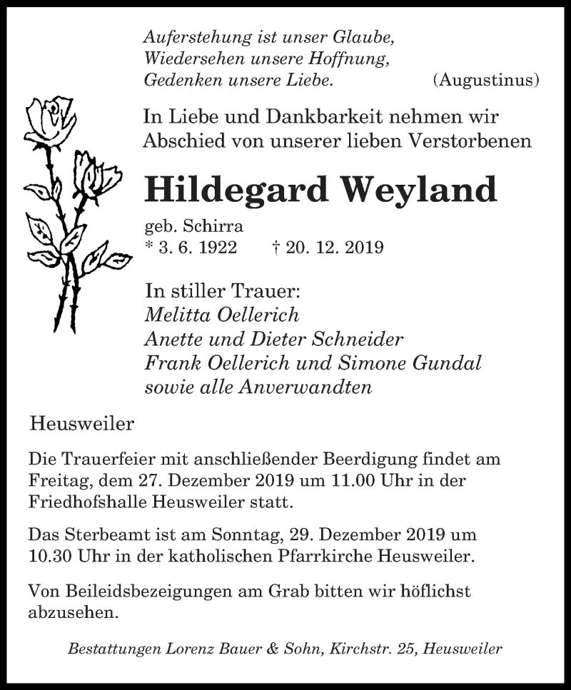  Traueranzeige für Hildegard Weyland vom 23.12.2019 aus saarbruecker_zeitung