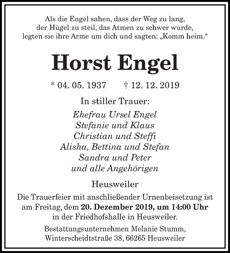  Traueranzeige für Horst Engel vom 18.12.2019 aus saarbruecker_zeitung