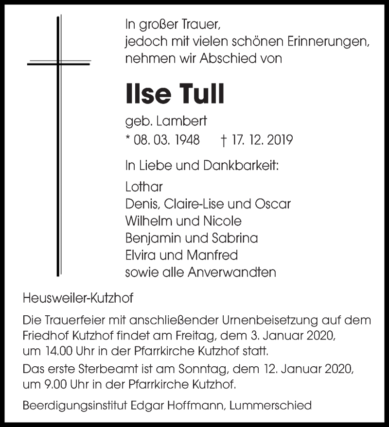  Traueranzeige für Ilse Tull vom 30.12.2019 aus saarbruecker_zeitung