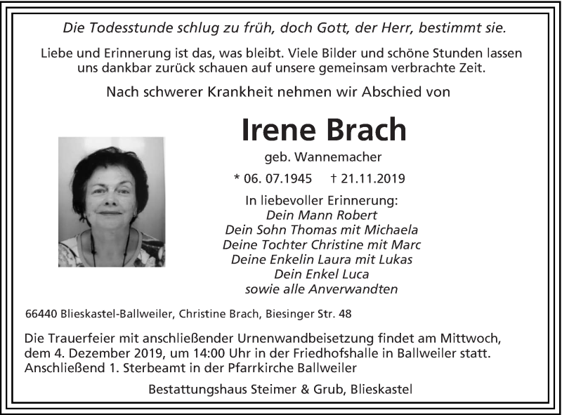 Traueranzeige für Irene Brach vom 30.11.2019 aus saarbruecker_zeitung