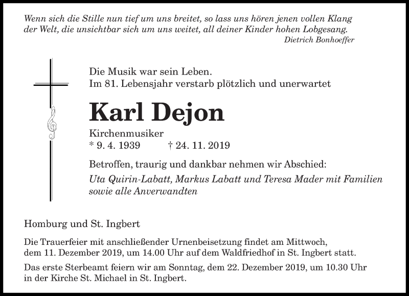  Traueranzeige für Karl Dejon vom 07.12.2019 aus saarbruecker_zeitung