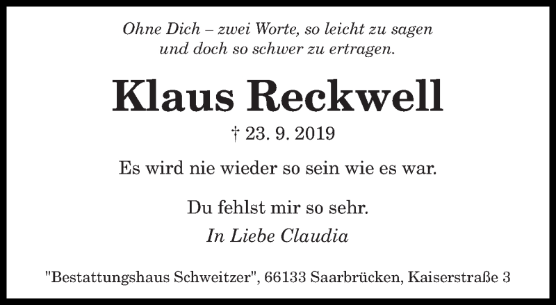  Traueranzeige für Klaus Reckwell vom 12.12.2019 aus saarbruecker_zeitung