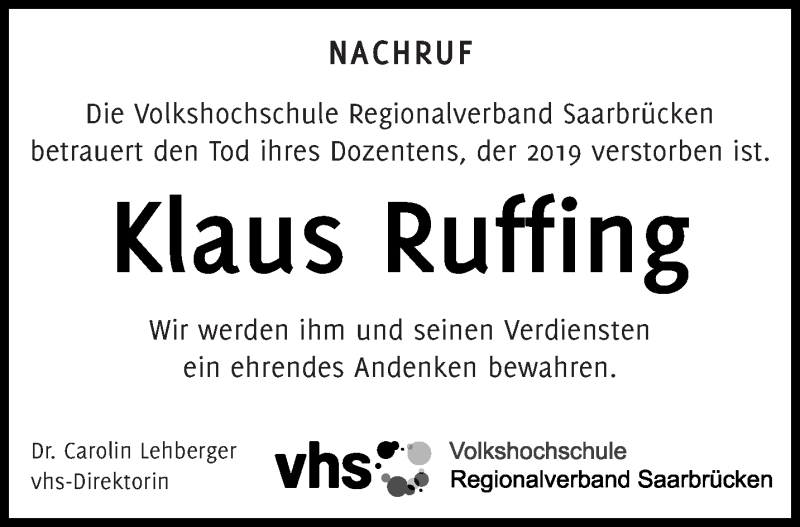  Traueranzeige für Klaus Ruffing vom 28.12.2019 aus saarbruecker_zeitung