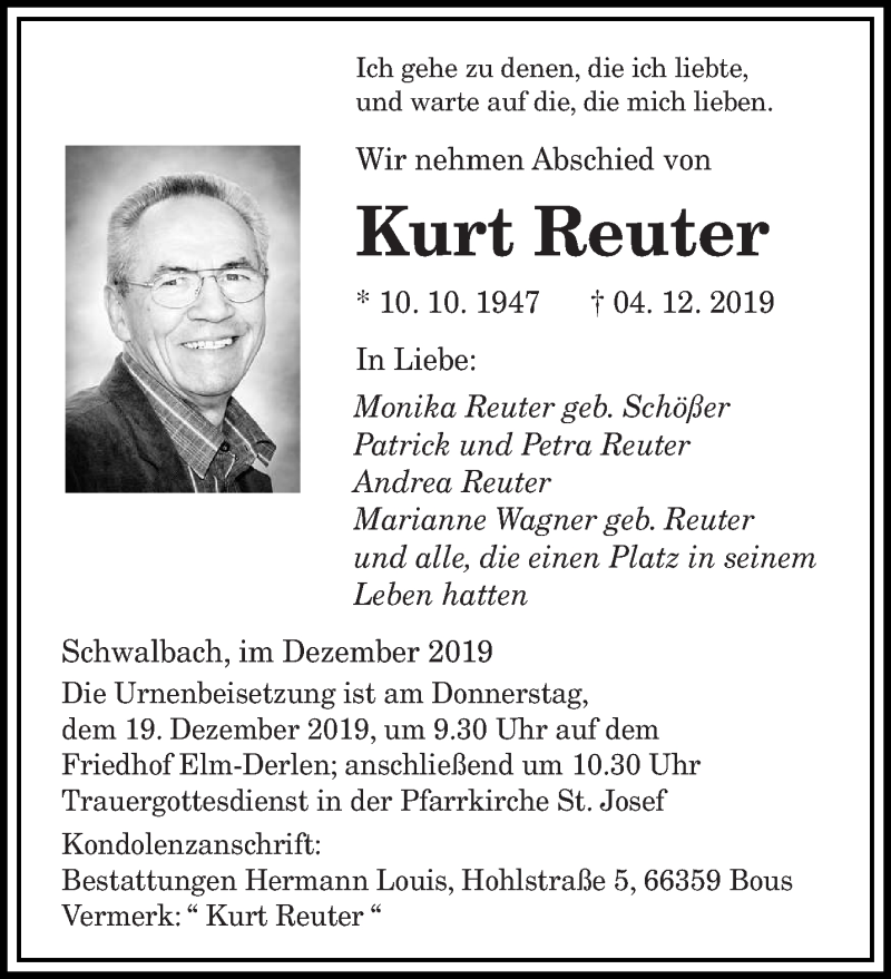  Traueranzeige für Kurt Reuter vom 14.12.2019 aus saarbruecker_zeitung