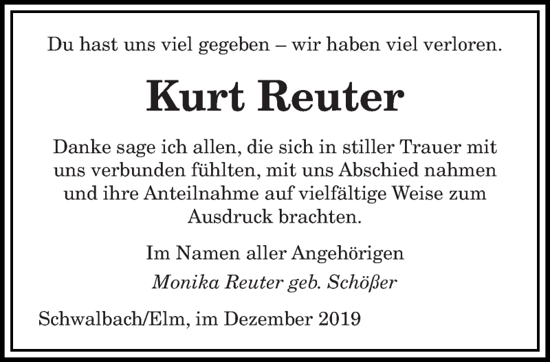  Traueranzeige für Kurt Reuter vom 28.12.2019 aus saarbruecker_zeitung