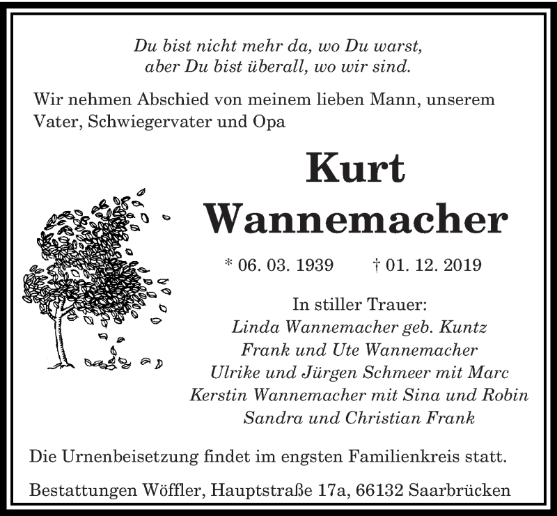  Traueranzeige für Kurt Wannemacher vom 14.12.2019 aus saarbruecker_zeitung