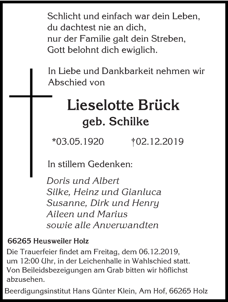  Traueranzeige für Lieselotte Brück vom 04.12.2019 aus saarbruecker_zeitung
