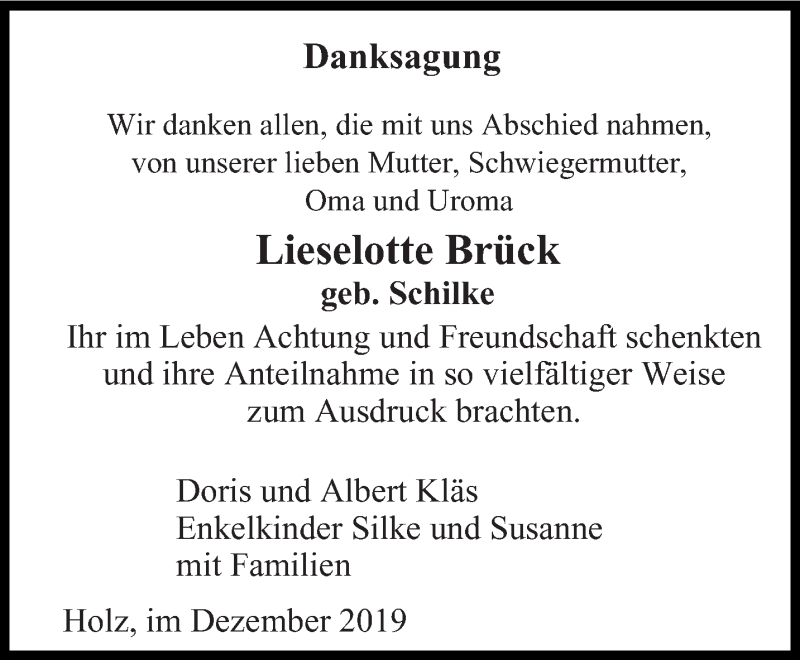  Traueranzeige für Lieselotte Brück vom 28.12.2019 aus saarbruecker_zeitung