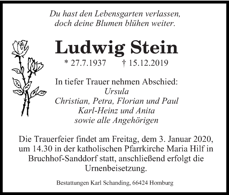  Traueranzeige für Ludwig Stein vom 27.12.2019 aus saarbruecker_zeitung