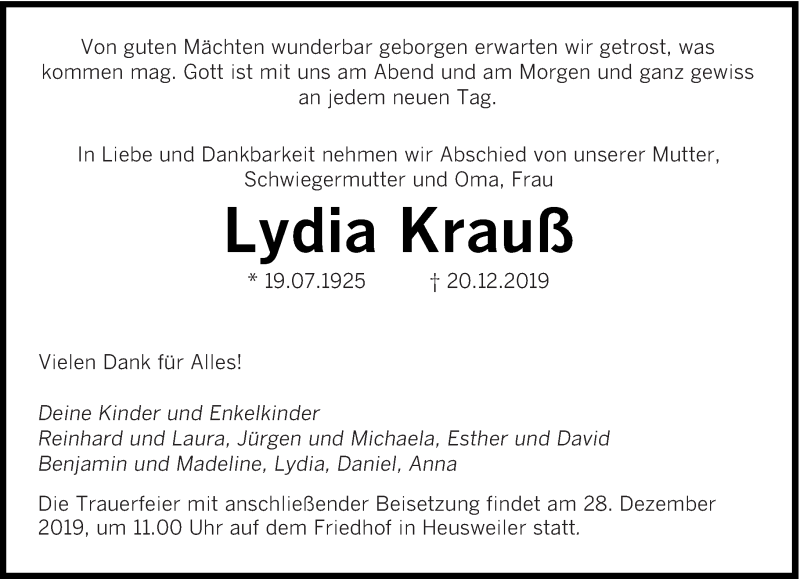  Traueranzeige für Lydia Krauß vom 23.12.2019 aus saarbruecker_zeitung