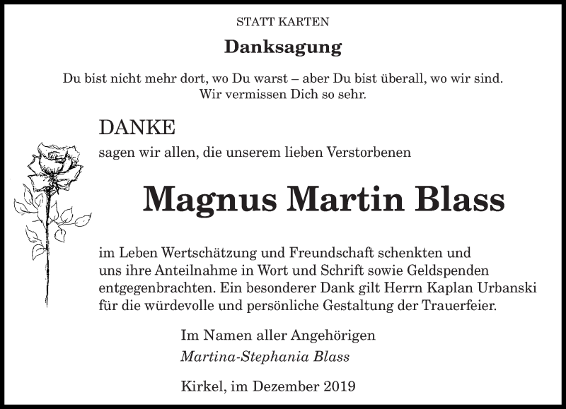  Traueranzeige für Magnus Martin Blass vom 07.12.2019 aus saarbruecker_zeitung