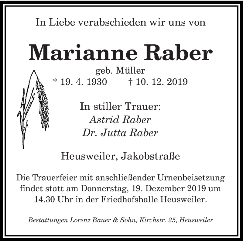 Traueranzeige für Marianne Raber vom 14.12.2019 aus saarbruecker_zeitung