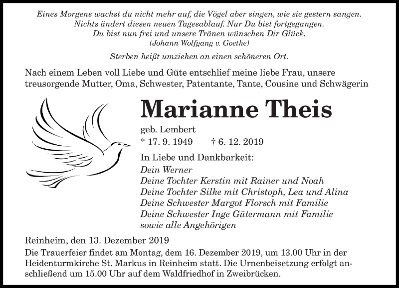  Traueranzeige für Marianne Theis vom 13.12.2019 aus saarbruecker_zeitung