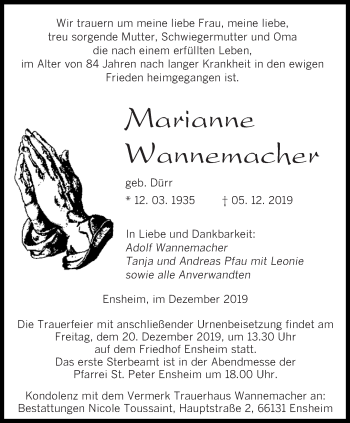 Traueranzeige von Marianne Wannemacher von saarbruecker_zeitung