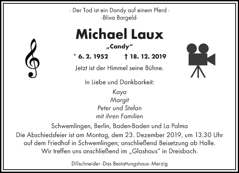  Traueranzeige für Michael Laux vom 21.12.2019 aus saarbruecker_zeitung