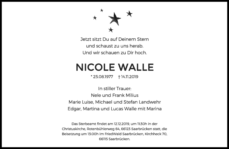  Traueranzeige für Nicole Walle vom 07.12.2019 aus saarbruecker_zeitung