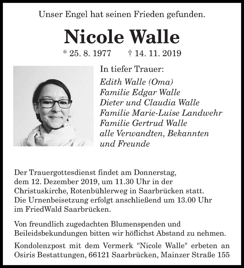  Traueranzeige für Nicole Walle vom 07.12.2019 aus saarbruecker_zeitung