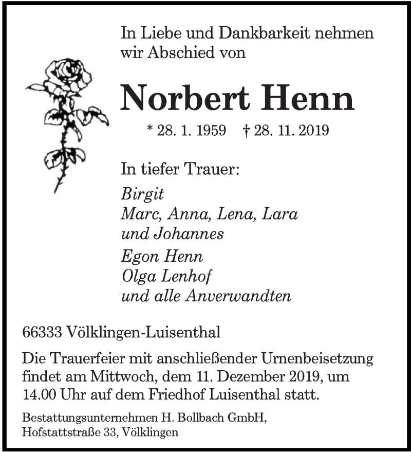  Traueranzeige für Norbert Henn vom 04.12.2019 aus saarbruecker_zeitung