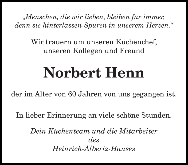  Traueranzeige für Norbert Henn vom 11.12.2019 aus saarbruecker_zeitung