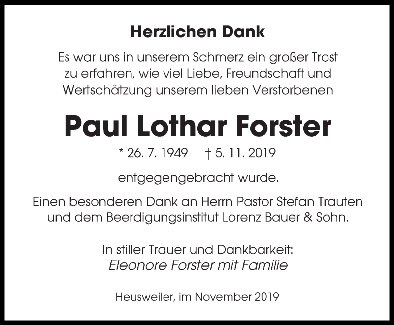  Traueranzeige für Paul Lothar Forster vom 30.11.2019 aus saarbruecker_zeitung