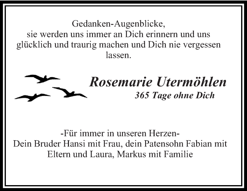  Traueranzeige für Rosemarie Utermöhlen vom 07.12.2019 aus saarbruecker_zeitung