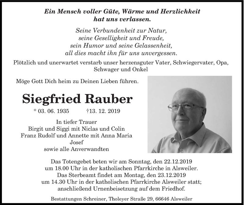  Traueranzeige für Siegfried Rauber vom 20.12.2019 aus saarbruecker_zeitung
